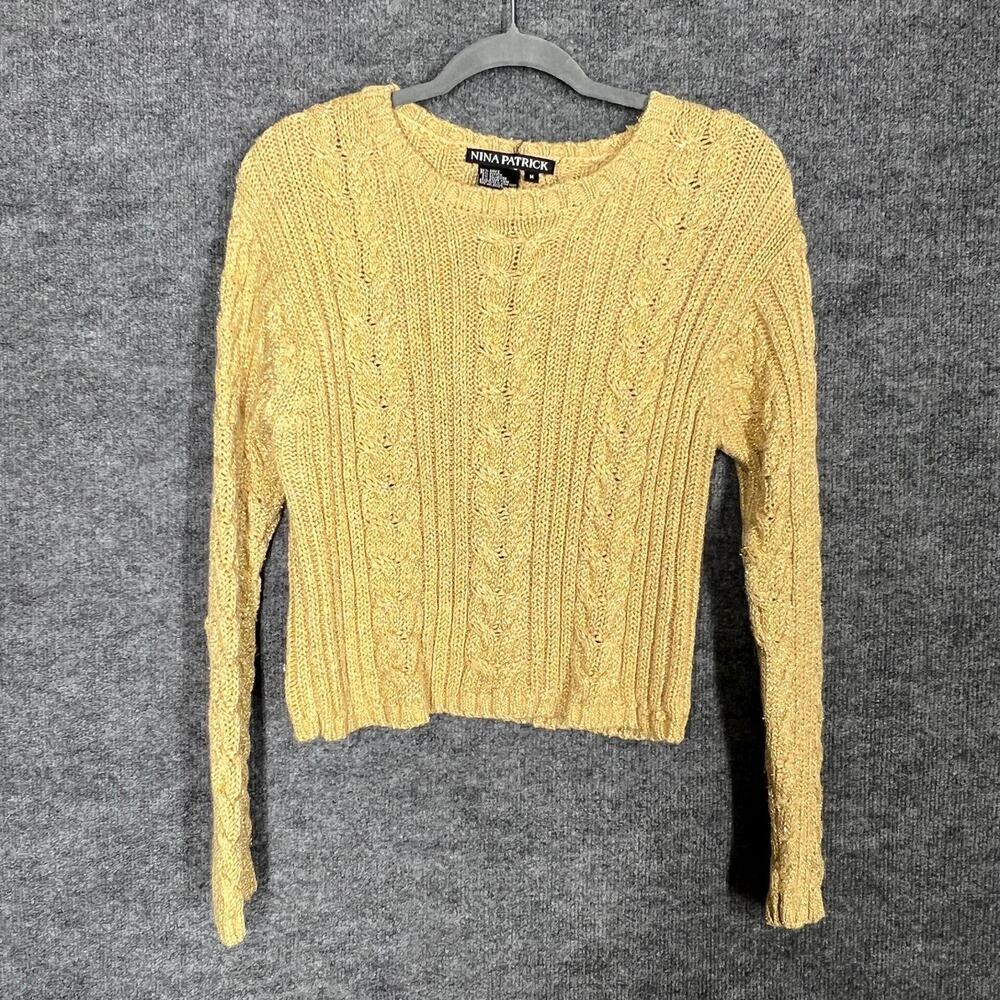 Nina Patrick Cropped Sweater Womens Medium Yellow Cable Knit Ramie Blend Autumn